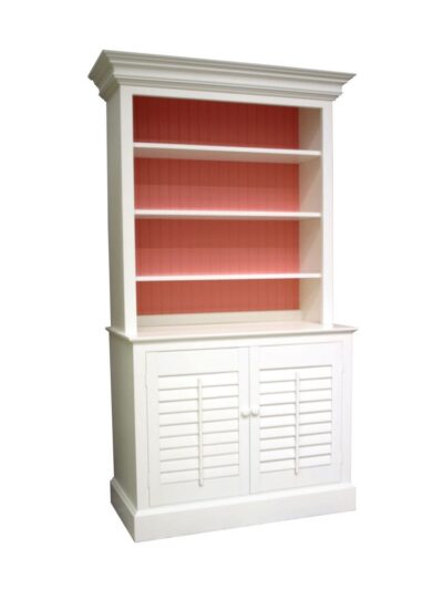 Carolina Painted Furniture, Carolina Two Piece Bookcase, Straight Top, Straight Base, Plantation Shutter Doors, Snow with Shrimp Back