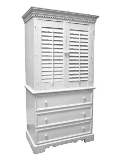 Carolina Painted Furniture, Carolina Classic Armoire, Arched Base, Plantation Shutter Wrap-Around Doors, French Trim Drawers, Snow