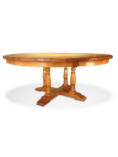 Barn Wood Round Four Post Pedestal Table, 2in Top, Apron, Honey