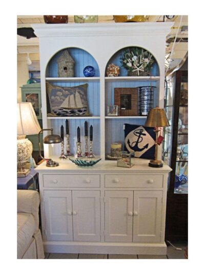 Carolina Painted Furniture, Carolina 2 over 4 Bookcase, Arched Top, Straight Base, Flat Panel Doors, Beaded Flush Drawers, Ivory with Cool Breeze Back