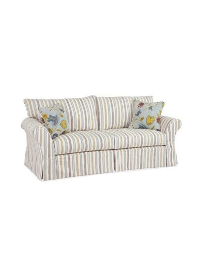 Shoreline Slipcovered Furniture, Chatham Slipcovered Sofa, Two Seats, Knife Ear Back Cushions, View Seaspray with Sun Cloud Throw Pillows