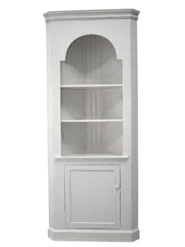 Carolina Painted Furniture, Carolina Corner Cupboard, Arched Top, Straight Base, Raised Panel Door, Antique White over Classic Brown