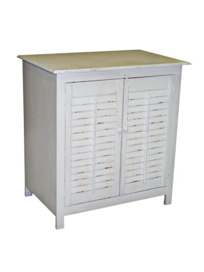Carolina Painted Furniture, Carolina Wide Cabinet, Custom Square Legs, Plantation Shutter Doors, Weathered White