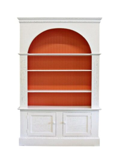 Carolina Painted Furniture, Carolina Two Door Bookcase, Arched Top, Fluted Stiles, Straight Base, Carolina Basket Weave Doors, Snow with Jambalaya Back