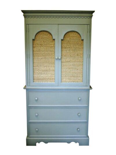 Carolina Painted Furniture, Carolina Three Drawer Media Center, French Trim Drawers, Decorative Cut-Out Base, Arched Seagrass Wrap doors and Custom Dentil Molding, Moss