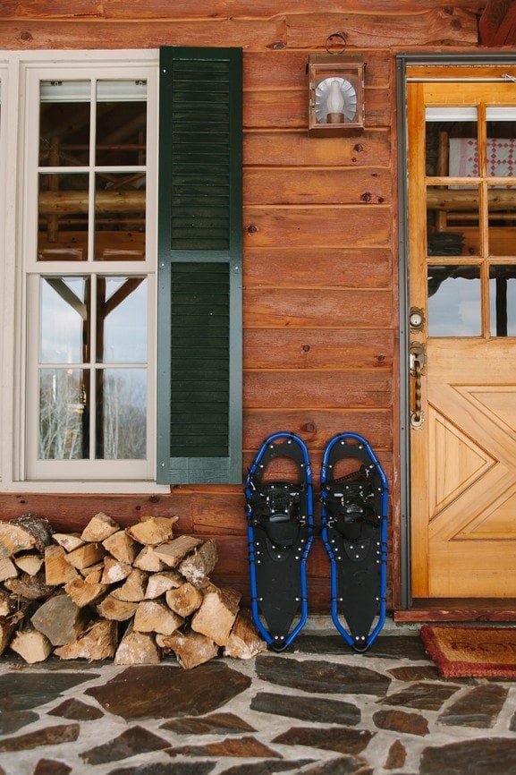Lodge and Lake House Furniture Styles, Snowshoes outside Cabin